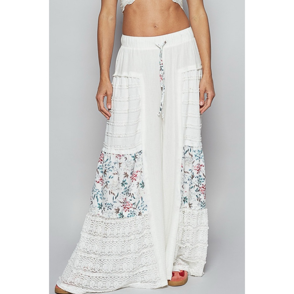 POL Ivory Patchwork Wide Leg Pants | Lace Floral Elastic Waist Pull On